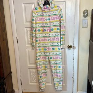 SO Light Colored Love One Piece Pajama With Hood Size Small